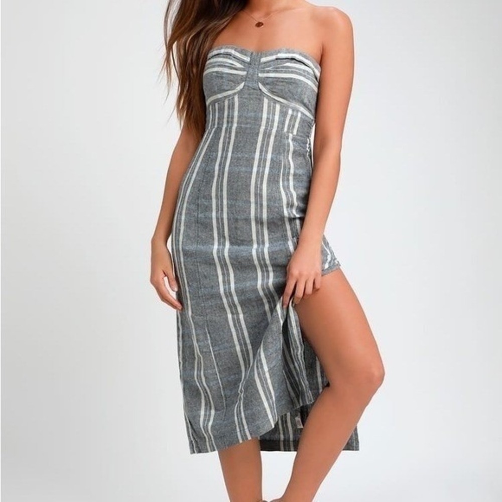 Free People Life Like This Blue Plaid Strapless Linen Midi Dress Tie Back